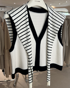 Stylish Women's Sleeveless Knitted Wool/Nylon Japan Style Cardigan Black and <b>White</b> Striped <b>V</b>-<b>Neck</b> with Front Logo - Product Image 4