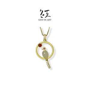Hetian jade natural nephrite 925 silver gold plated animal pendant for women bird necklace Fashionable jewelry