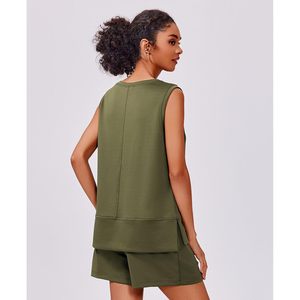 Ensemble deux pièces pour femmes, ensemble de salon d'été sans manches, hauts à col rond, short à cordon de serrage, tenues décontractées respirantes - Product Image 2