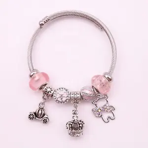 Dainty Car Bear Crown Pendant Pink Beads Stainless Steel Vintage Flower Charm Cable Bracelet