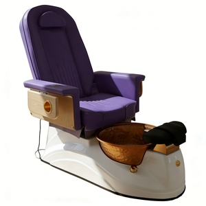 Sillón de Pedicura Eléctrico de Lujo con Tazón de Cobre, Estación de Pedicura Reclinable de Cuero Morado con Reposabrazos de Madera, Masaje de Pies - Product Image 1