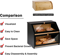 Grand bac de rangement en bambou naturel à 2 niveaux Boîte à pain en bois noir avec fenêtre en acrylique et bouches d'aération pour comptoir de cuisine