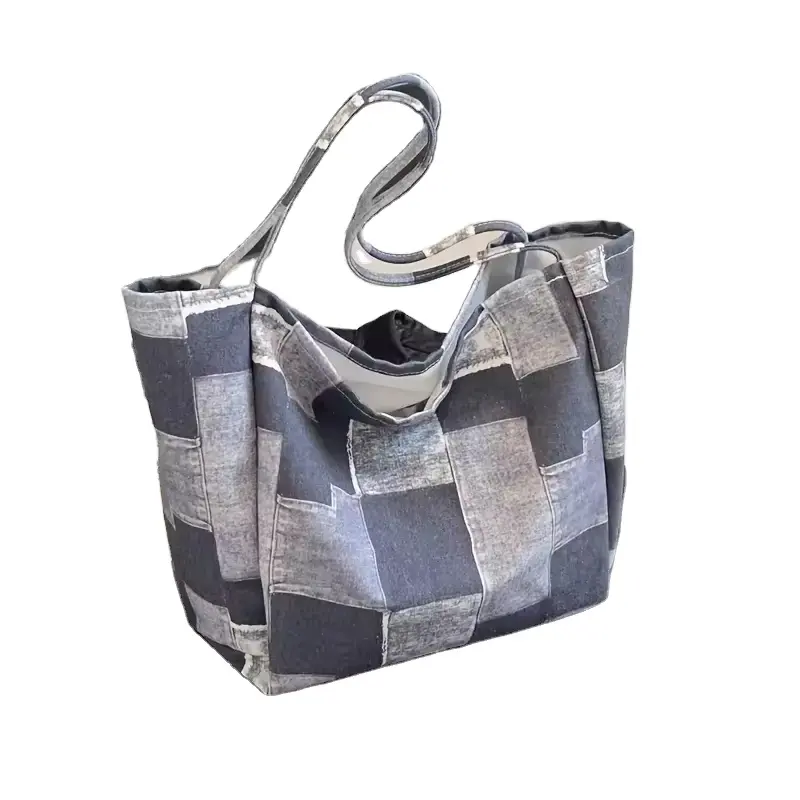 Borsa Tote in tela di jeans, borsa a tracolla con Design geometrico Patchwork di tendenza, portacolori Casual e alla moda