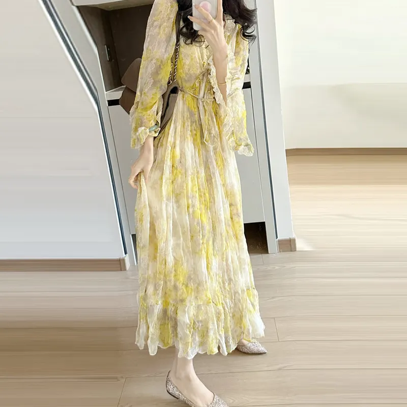 2023 Retro Ladies Korean Elegant Floral Printed Maxi Dress Casual Loose Holiday Bohemia Long Chiffon Dresses For Women Vintage