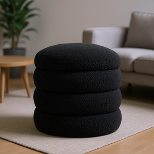 Soft Boucle Black <b>Round</b> Ottoman Footrest <b>Stool</b> Fabric Contemporary Home Furniture Living Room Decor - Product Image 2