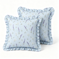 Housse de coussin décorative 100 % coton bleu pâle à imprimé floral lavande avec volants pour canapé, chambre à coucher, décoration intérieure – Vente en gros