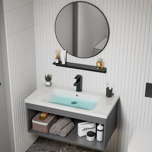 Conjunto de Muebles de Baño de Aluminio Espacial con Almacenamiento Montado en la Pared e Iluminación, <span class=keywords><strong>Lavabo</strong></span> de Cerámica para Balcón, Cuarto de Baño y Aseo - Product Image 1