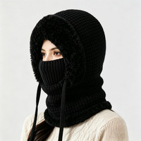 3-en-1 Cagoule d'hiver en tricot plat, doublée polaire, coupe-vent, masque intégral, cache-cou, avec cordon de serrage réglable, couvre-chef thermique pour le ski