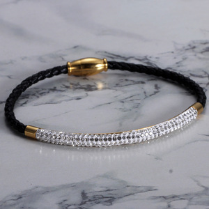 European American Fashion 3Mm Rhinestone <b>Leather</b> Braided Magnetic Stainless Steel <b>Bracelet</b> For Women Gift Jewelry - Product Image 2