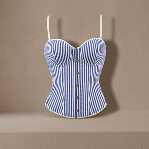 Women's Blue White Striped <b>Corset</b> Camisole With Buttons Thin Shoulder Straps <b>Shapewear</b> Top - Product Image 3