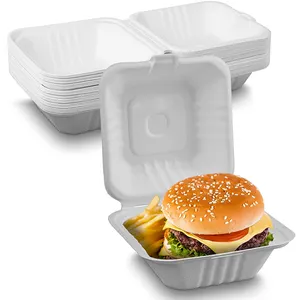 Take away lunch packing fries fast food container biodegradable clamshell bagasse hamburger sugarcane burger box