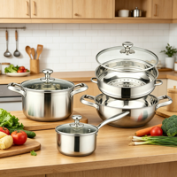 Ensemble de 7 casseroles en acier inoxydable inductives avec cuiseur vapeur et couvercles en verre trempé