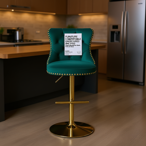 Taburete de Bar Verde Tapizado en Terciopelo, Altura Ajustable de 25-33 Pulgadas, Respaldo Moderno Tapizado para Bar en Casa - Product Image 2