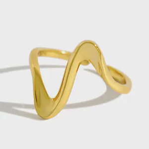 18K Gold Plated Wavy Twist V Ring 925 Sterling Silver Custom Adjustable Ring Wide Wavy Open Minimalist Rings for Girls