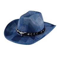 Chapeau de cowboy en jean bleu avec ceinture de taureau Longhorn argentée, idéal pour les fêtes western et country - Vente en gros