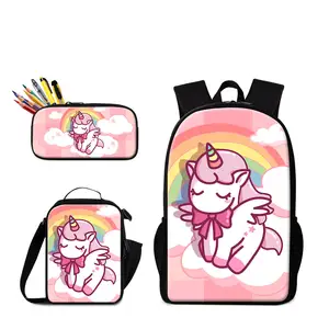 Tas ransel sekolah siswa kartun Unicorn set tas sekolah anak-anak warna kustom dengan tas pensil makan siang terisolasi yang cocok