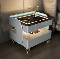 Table de Chevet Flottante Intelligente et Moderne en Bois Massif, Multifonctionnelle avec Recharge Sans Fil, Éclairage LED et Rangement pour Appartement/Salle à Manger