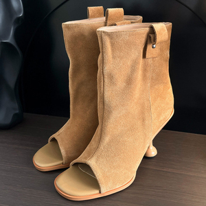 Sandalias de Verano con Punta Abierta de Ante, Botines de Tacón Bajo Tipo Kitten, Botines Cortos Sexys para Mujer - Product Image 5