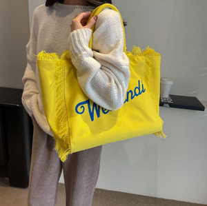 Bolso de Hombro Abierto de Lona de Gran Capacidad con Letras de Moda SANGOR para Mujer, Bolso Tote Sencillo para el Día a Día con Borla - Product Image 4