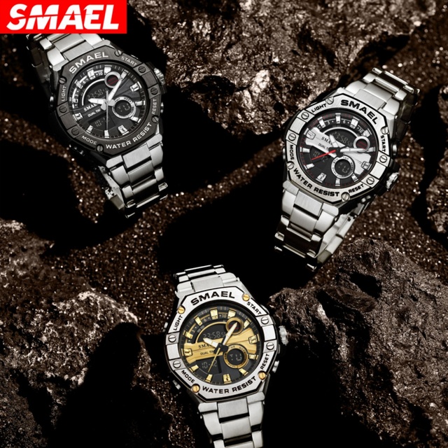 SMAEL 8090 Alloy Case Japan Quartz Movement 50 Bar Water Resistant Stainless Steel Band Men's Fashion Analog Digital Watch