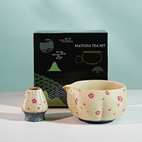 Bol à matcha portable en porcelaine fine de qualité cérémoniale, peint à la main au Japon par Newell, motif chat et fleurs de cerisier, pour café et thé