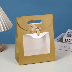 Sac cadeau en papier recyclé coloré, ruban d'art, nœud papillon, cadeau d'anniversaire, de mariage, sac à main avec fenêtre transparente - Product Image 3