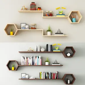 Custom Home Decor Rustic Hexagon Mounted Moon Wooden Floating Shelf Natural Wood Storage Display Shelves For Wall Hanging