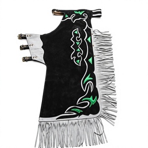 Premium Custom Black and White Cowhide Leather Rodeo Chaps with Green Inlay Accents, Matching Fringe, and Adjustable Buckles - Product Image 1