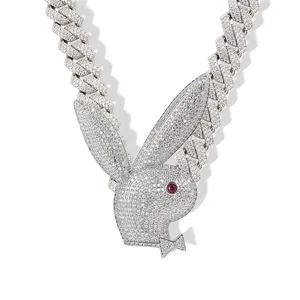 Personality Stainless Steel Hip Hop Animal CZ Diamond Bunny Rabbit Head Pendant Necklace For Men and Women