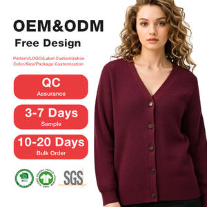 Cardigan in Lana 100% <span class=keywords><strong>da</strong></span> <span class=keywords><strong>Donna</strong></span> con Scollo a V, Polsini a Costine, Bottoni Frontali e Dettagli a Contrasto, OEM ODM - Product Image 1