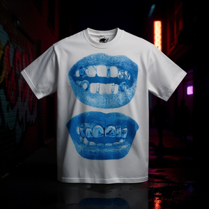 T-shirt Oversize Boxy con Stampa Blue Lips Grillz Stile Streetwear Y2K per Bambini, Manica Corta, 100% Cotone Jersey, Girocollo - Product Image 2