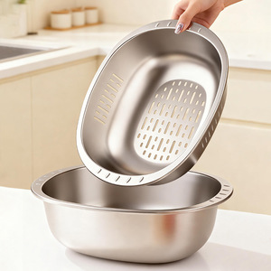 Ensemble de passoires ovales en acier inoxydable, épaissies, multi-usages, pour le lavage du riz, le passage des fruits et légumes, pour la cuisine - Product Image 1