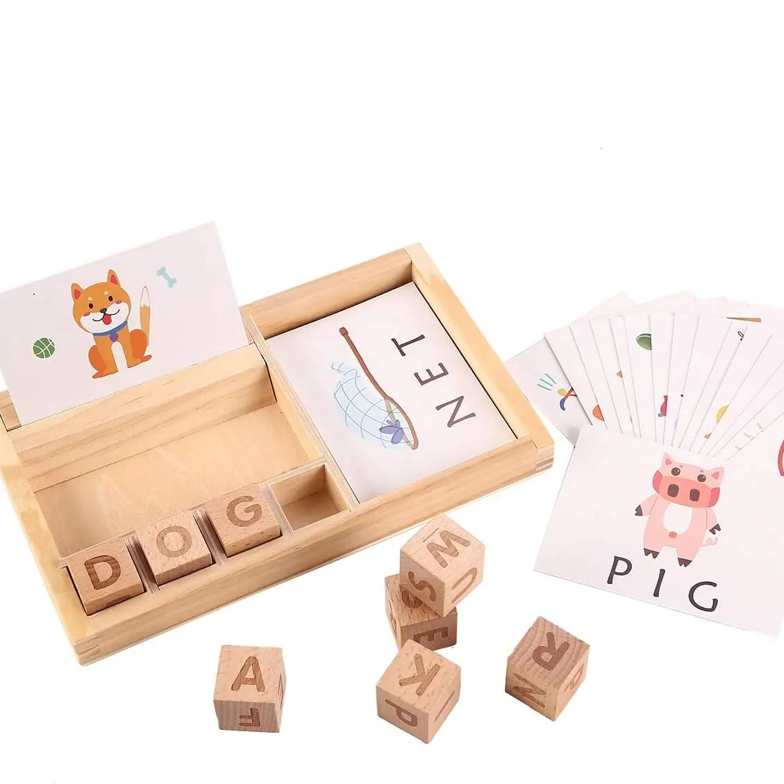 Wooden Spelling Games for Kids, Matching Letter Game with 30 PCs Flashcards, Montessori Educational Learning Toys for Kids 3 4 5