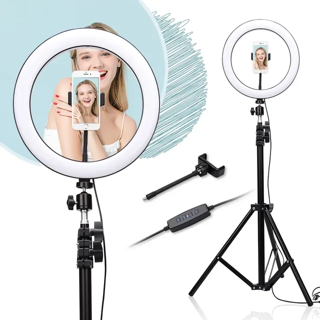 12inch Diameter Ring Light With Tripod Stand Cell Phone Holder for Live Stream Makeup Mini Led Camera Ringlight for Live Streami