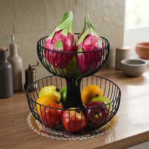 Cesta de Frutas de Alambre de Dos Niveles, Redonda, con Base, Diseño Moderno, Contenedor de Alimentos Resistente para Sala de Estar - Product Image 6