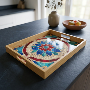Bandeja Cuadrada Grande Hecha a Mano, Elegante, de Madera Pulida, de Lujo, Ecológica, Apta para Lavavajillas y Microondas, para Servir Desayuno, Almuerzo y Cena - Product Image 1