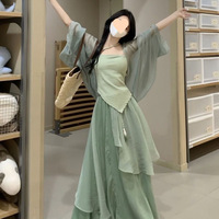 Vestido Hanfu de Estilo Chino Moderno para Mujer, Conjunto de Tres Piezas, Verde, Hombros Descubiertos, Largo hasta el Suelo, Cintura Imperio, Acrílico, Casual