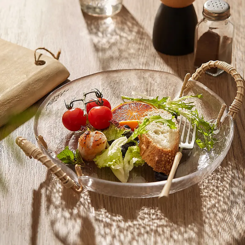 Panier de fruits en verre fait à la main avec poignée en bambou assiette à salade petit déjeuner pain gâteau collations noix bonbons plateau de service Restaurant