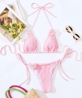 Moda 3D flor Rosa Color cadena chica joven fruncido Bikini Sexy traje de baño diseño 2024