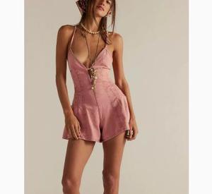 Combinaison en jean d'été pour femme, sans manches, col en V profond, bretelles fines, dos noué, avec volants, style salopette en jean - Product Image 5