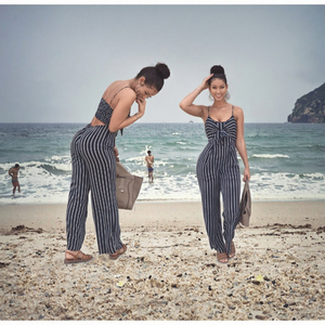 Monos de mujer holgados y sexys con tirantes finos, estampado de rayas, pantalones largos de pierna ancha, sin mangas, estilo casual - Product Image 3