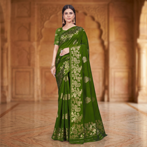 Fancy Silk Green <b>Saree</b> Latest Design <b>Saree</b> Green And <b>Golden</b> Pallu Silk <b>Saree</b> For Wedding And Festival Wear Women - Product Image 1