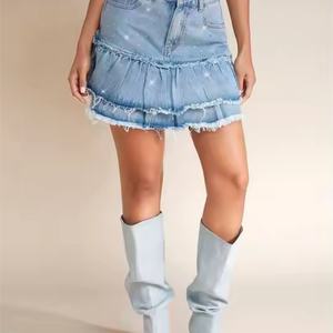 กระโปรงยีนส์ระบายประดับคริสตัลคุณภาพสูง เอวสูง สไตล์วินเทจ ล้างสีแบบแอซิดวอช สำหรับผู้หญิง - Product Image 4