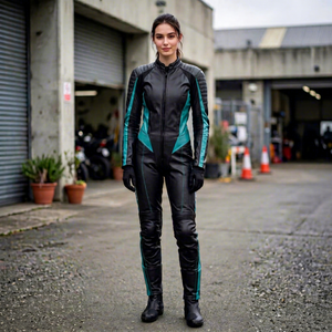 Combinaison de course moto en cuir pour femme, noire et turquoise, à blocs de couleur, manches longues, une pièce - Product Image 1