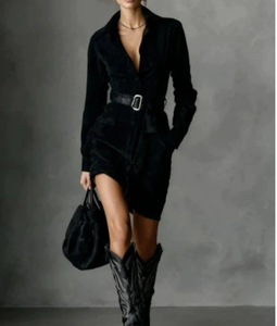 Vestido Camisero Largo Informal de Gamuza Retro Occidental al por Mayor, de <span class=keywords><strong>Manga</strong></span> <span class=keywords><strong>Larga</strong></span>, con Solapa, Cierre de Botón, Cintura Elástica, Liso Teñido, con Falda <span class=keywords><strong>Larga</strong></span> Delantera - Product Image 3