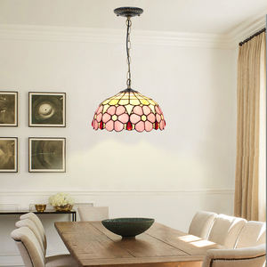 โคมไฟระย้าแก้วแขวนสไตล์โบราณ โมเดิร์น ลายดอกไม้สีชมพู ขนาด 12 นิ้ว สไตล์เรโทร แบบทิฟฟานี่ ไฟ LED แสงวอร์มไวท์ - Product Image 1