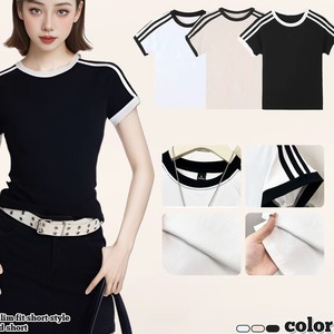 <span class=keywords><strong>Camiseta</strong></span> Retro Americana con Estampado de Tres Barras en Contraste de Color para Mujer, Verano <span class=keywords><strong>2024</strong></span>, Manga Corta, 'Hot Girl', Algodón, Secado Rápido, Transpirable - Product Image 2