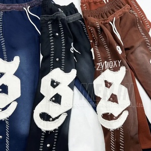 Reverse Embroidery logo Custom Tracksuit Streetwear Vintage Half Zipper Acid Wash <b>Distressed</b> Flared Sweatpants and Hoodie Set - Product Image 3