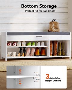Banc de rangement blanc SENYU style ferme avec coussin gris et portes à panneaux en X, meuble d'entrée pour rangement de chaussures et organisation domestique - Product Image 5