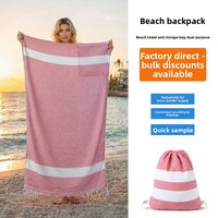 Custom Design & Luxury Logo Summer Turkish Beach Towel Tote Seaside Vacation Swim Portable Backpack Beach Towel with Bag